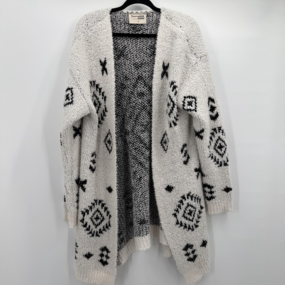 Savanna Jane Cardigan Sweater Womens 1X White Aztec Open Front Longline Plush
